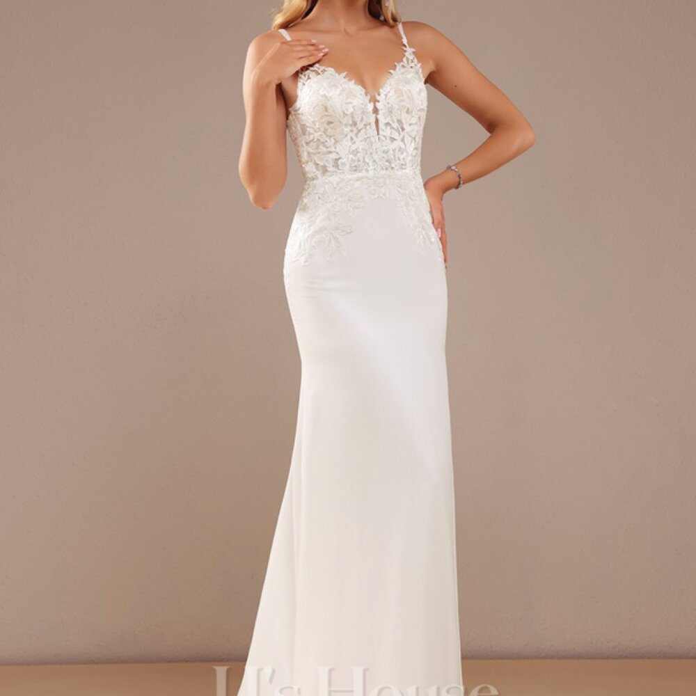 JJs House White Lace Bodice Spaghetti Strap Sheath Wedding Gown
